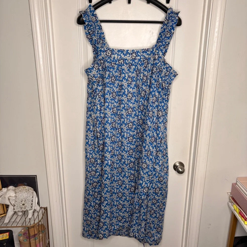 J. Crew Cotton Voile Ruffle Trim Shift Dress Blue Floral Pockets 3XL Cottagecore